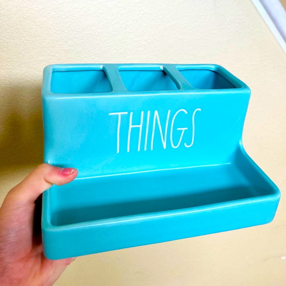 Rae dunn blue things bathroom display organization